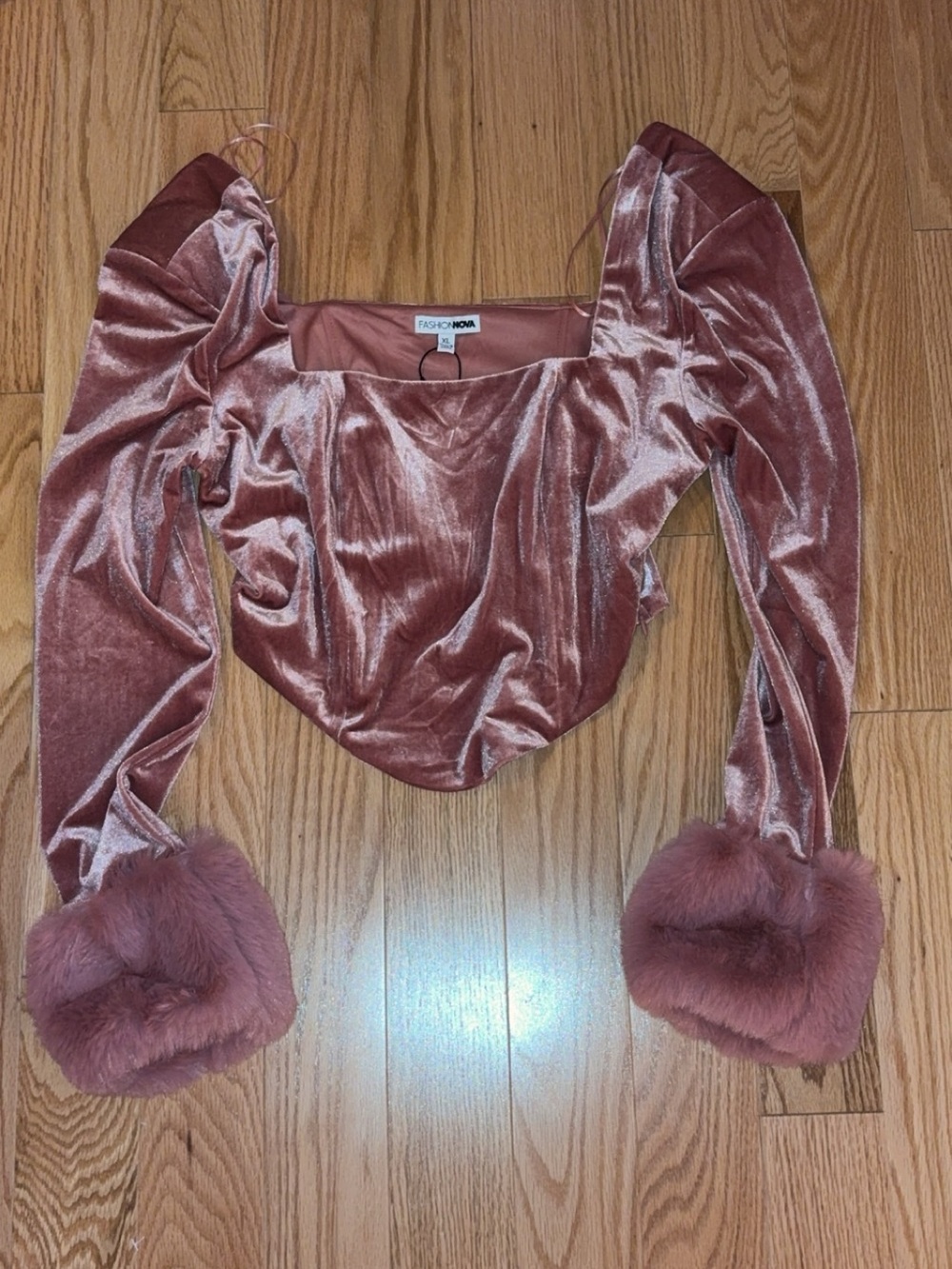 Fashion Nova Dusty Rose Velvet Puff-Sleeve Crop Top with Faux Fur Cuffs